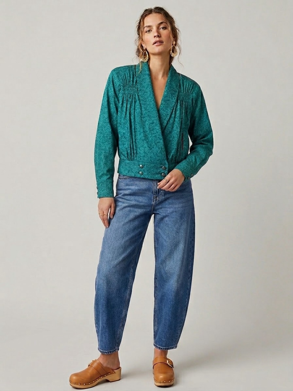 Vintage 80s Platinum by Dorothy Schoelen 100% Silk Teal Jacquard Crop Jacket S - Picture 5 of 14